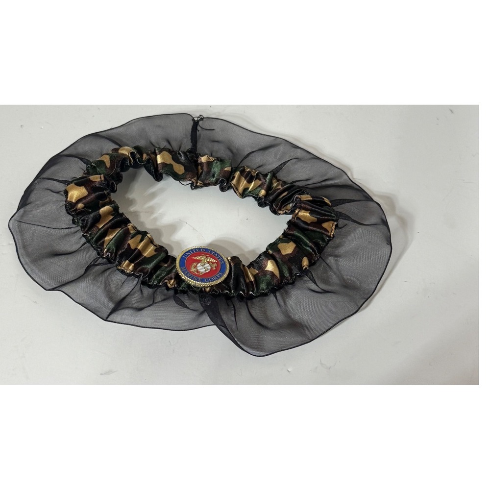 USMC Marine Corps Camouflage Wedding Garter Black Sheer Ruffle Military Emblem